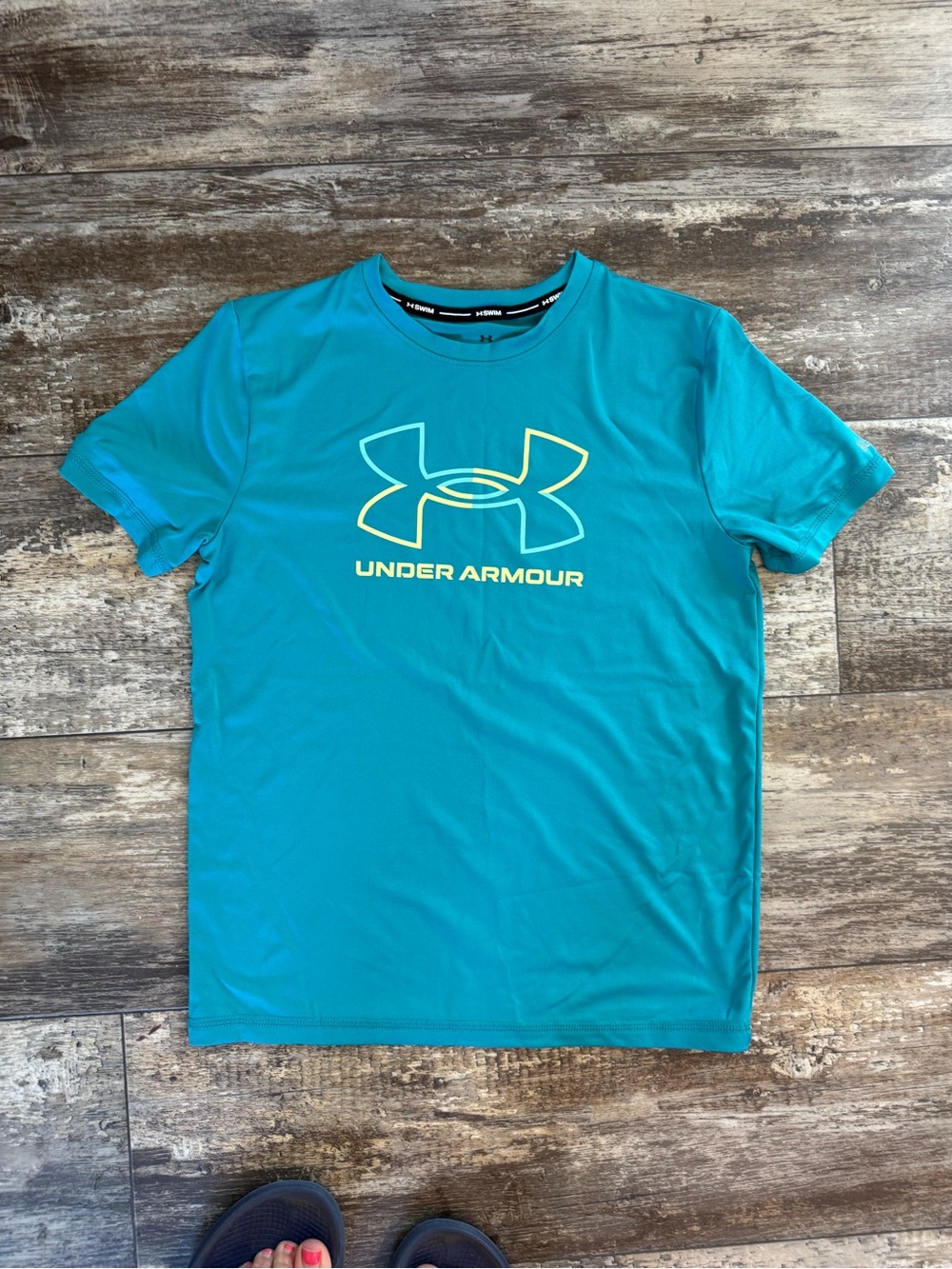 2 for $10 sale: Turquoise under armour swim t-shirt neon yellow logo - M